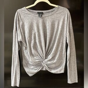 Heather gray crew neck top with twist front detail